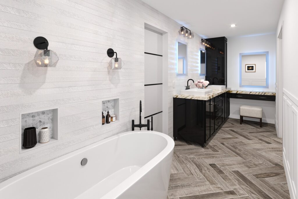 Custom primary bathroom design featuring tailored cabinetry, vertical storage tower, integrated makeup vanity, and modern wall sconces.
