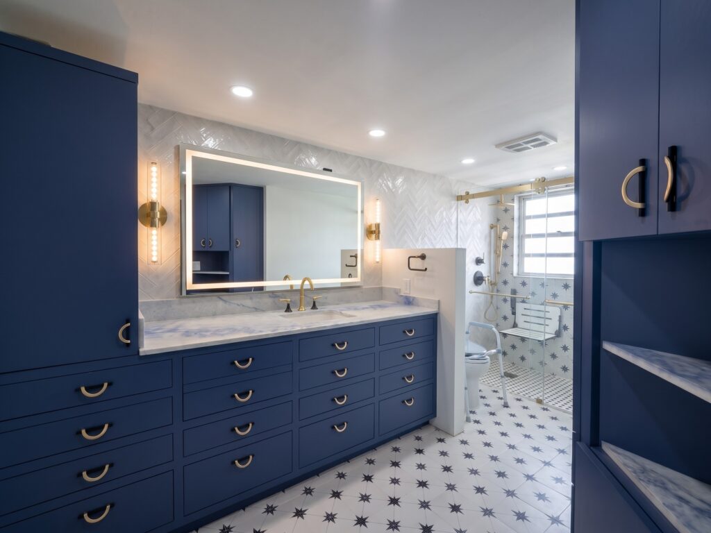 Luxury bathroom renovation with neutral tile details in Bay Harbor Island