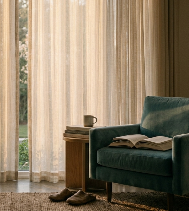 Inviting residential seating nook with custom upholstery and warm ambient light.