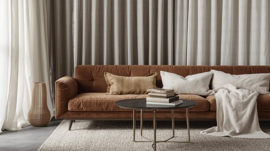 Warm interior featuring layered linen curtains, soft velvet upholstery, and natural textures