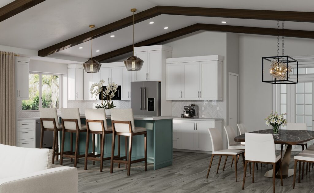 Teal kitchen island and custom millwork in Palmetto Bay residence