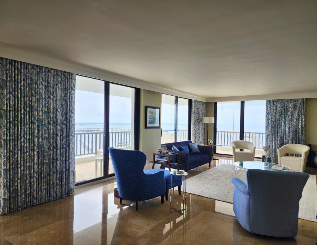 Custom printed fabric drapery and tailored window treatments in Coral Gables